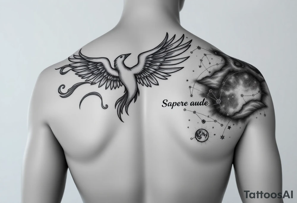 A realistic mannequin or digital human torso shown from the front, with accurate adult male proportions and natural lighting. The mannequin’s right shoulder, chest, and upper arm feature a detailed black and grey tattoo design. The tattoo includes a rising phoenix across the chest, smoke-like flowing elements on the side of the torso, the Latin phrase “Sapere aude” on the upper arm, and a starry night sky with constellations blending into the shoulder and upper arm. The phases of Venus appear subtly integrated into the night sky area on the arm instead of across the chest. The style should be elegant, modern, and realistic—like a professional tattoo concept photo, not an illustration. tattoo idea