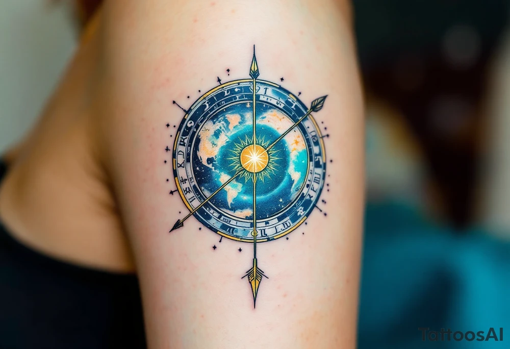 A Sagittarius arrow piercing through a detailed zodiac wheel. The wheel is adorned with all the zodiac signs, with the Sagittarius symbol shining brightly in the center in golden yellow. The background of the tattoo features soft teal and indigo to give it a cosmic, celestial feel. tattoo idea