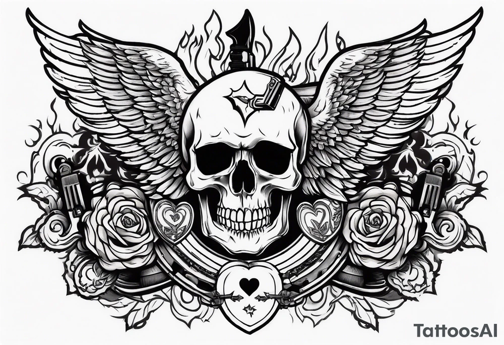 skull with a gun dominated by a  heart with wings and  flames coming out of the top of it tattoo idea