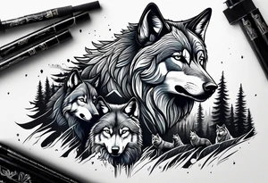 Alpha wolf protecting 2 cubs in forest tattoo idea