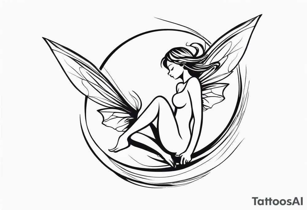 Minimalistic, monochromatic fairy with a tail flying to the left in a fetal position, leaning and looking in the same direction, with visible hands, embodying the 'Fairy Tail' logo aesthetic. tattoo idea