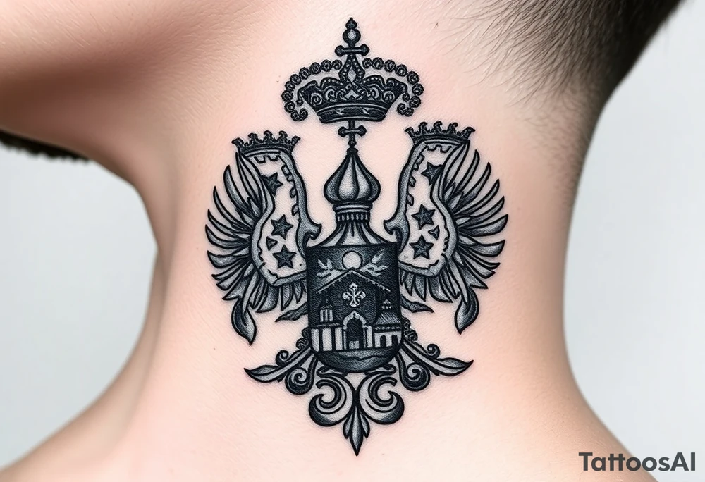 Traditional authentic Russian coat of arms with a Christian orthodox virgin marry in the middle and silhouette in a Russian wilderness Christian orthodoxy dome church village setting on the side of my neck tattoo idea
