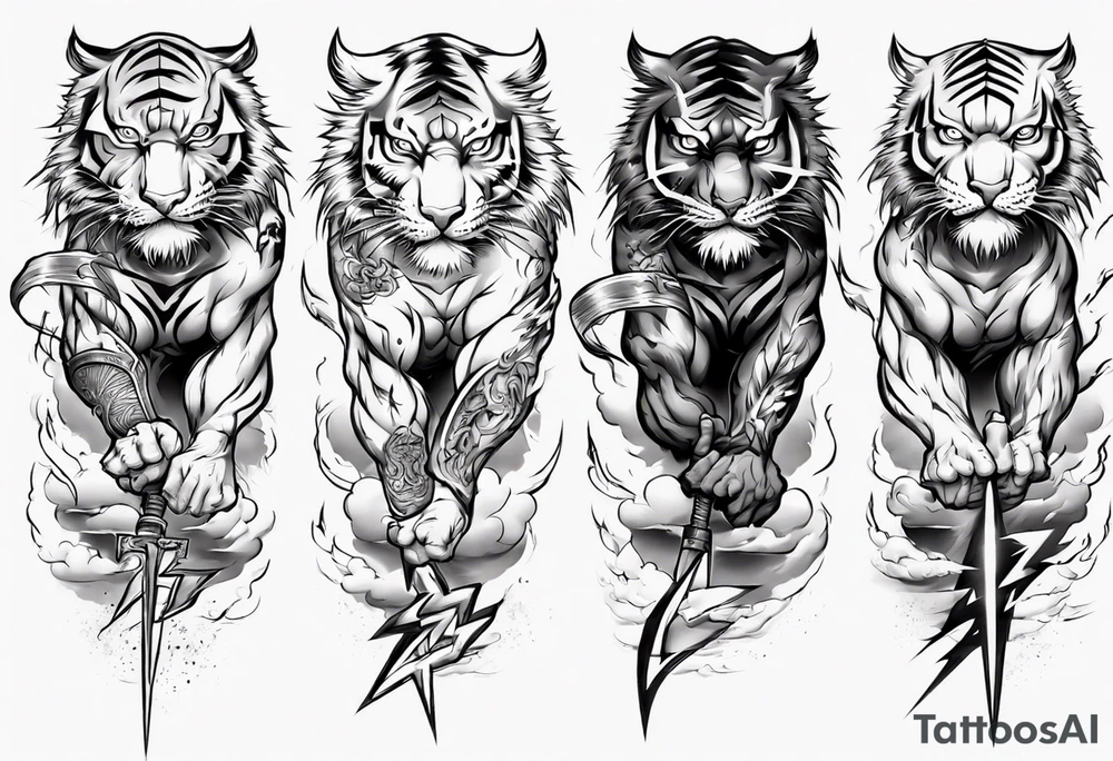 tiger warrior with lightning and the sun for a forearm sleeve tattoo idea