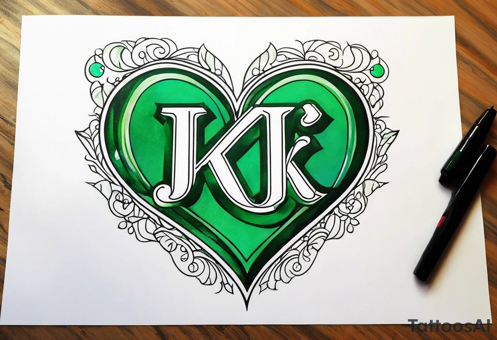Emerald heart with “J+K” tattoo idea