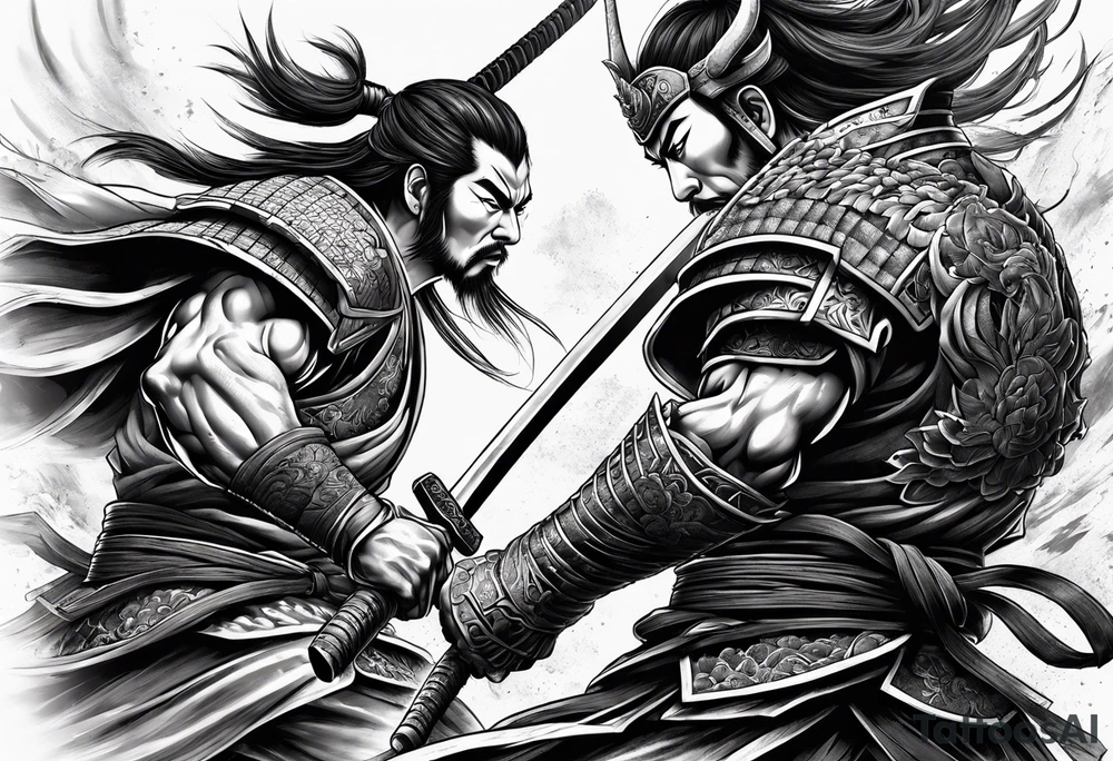 samurai warrior defeating a demon in a 1 on 1 duel and beheading the demon tattoo idea