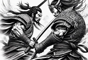 samurai warrior defeating a demon in a 1 on 1 duel and beheading the demon tattoo idea