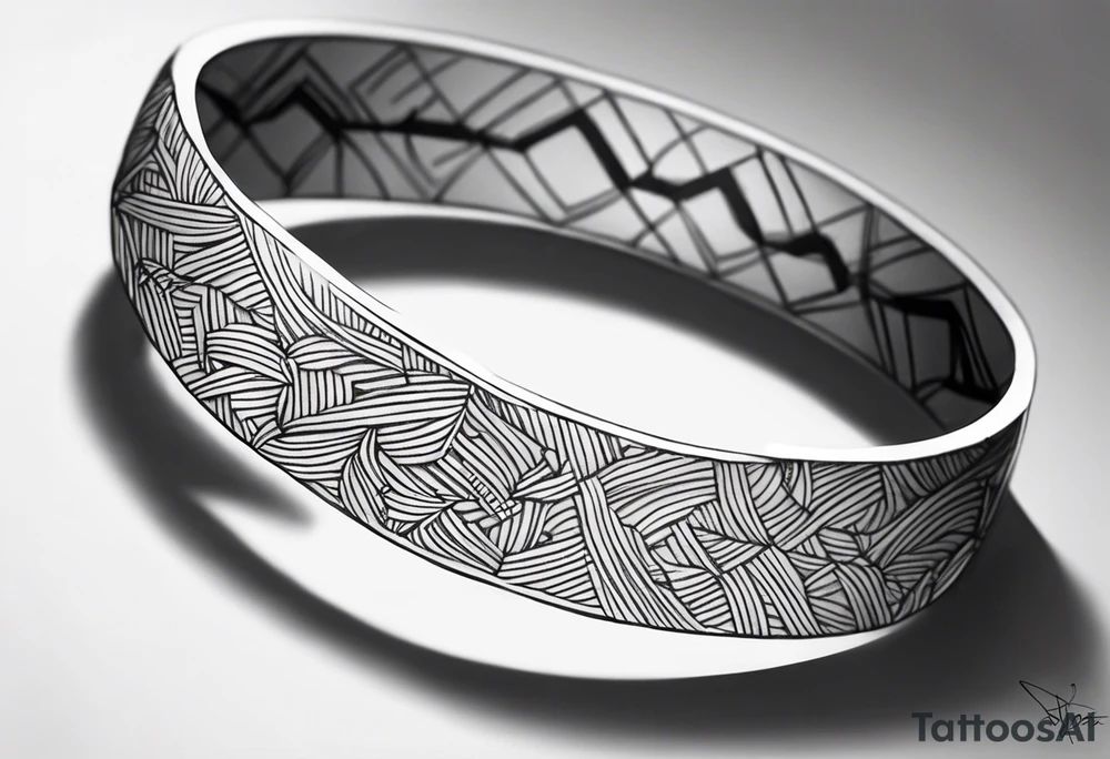 Design a tattoo sketch in a realistic style, depicting a bracelet wrapped around the wrist. The bracelet should have detailed features, such as intricate patterns, textures, and shadows, giving it a lifelike appearance. The design should look like it's naturally sitting on the skin, with attention to the curve of the bracelet and the way it interacts with light and shadow. The overall style should be elegant and refined, capturing the essence of a real bracele tattoo idea