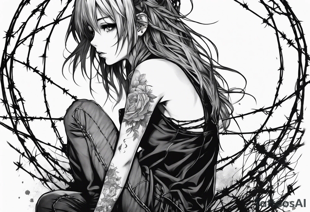 a bleeding anime girl, sitting on a ball, surrounded by barbed wire tattoo idea a bleeding anime girl, sitting on a ball, surrounded by barbed wire tattoo idea