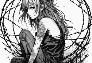 a bleeding anime girl, sitting on a ball, surrounded by barbed wire tattoo idea