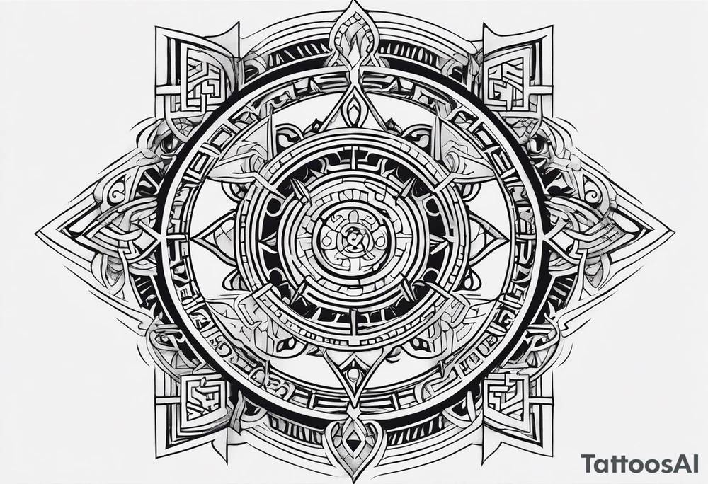 A half-and-half tattoo design, where one half features intricate geometric and mystical symbols inspired by Doctor Strange, with detailed line work or tribal patterns. The other half could integrate another element, such as a philosophical word from Asian languages, adding depth and personal meaning. The design balances mystical symbols with reflective, life-oriented themes tattoo idea
