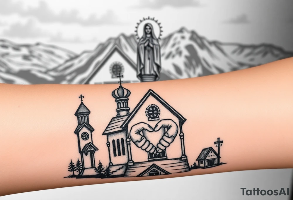 Russian Orthodox church with orthodox spire crosses in a mountainous village setting, with a holy glow around the church, and a virgin mary sat seperately above looking over hands on heart sat above tattoo idea