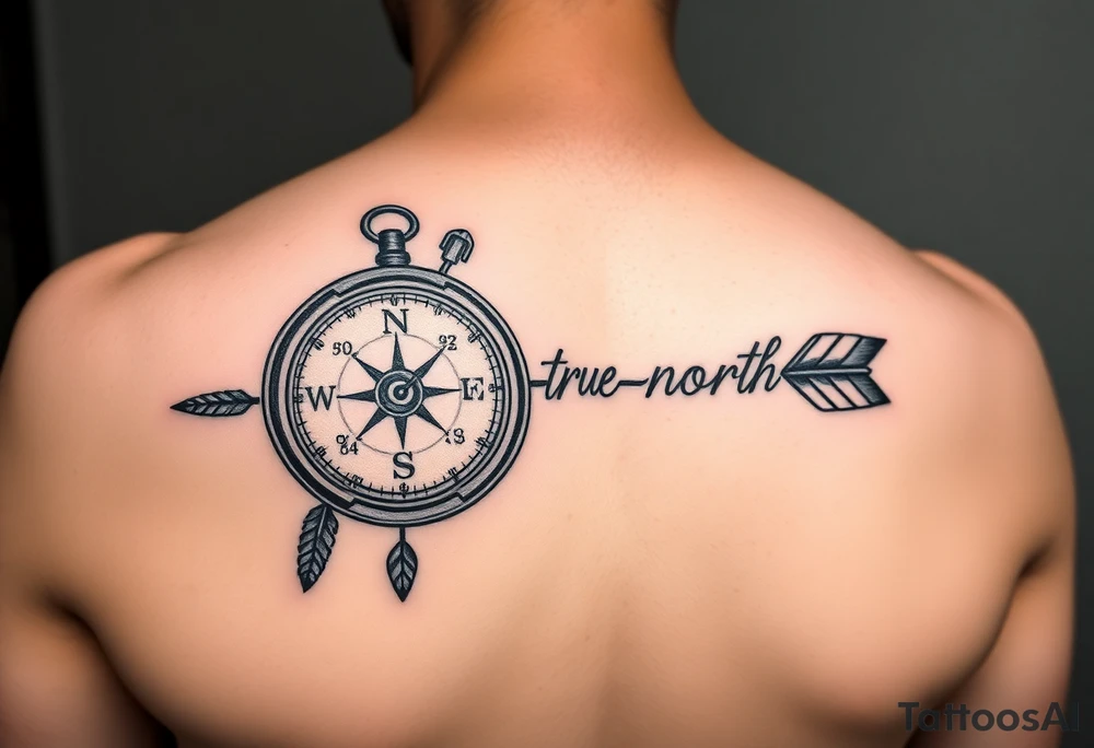 left forearm compass/clock with a native american arrow going thru it and say true north tattoo idea