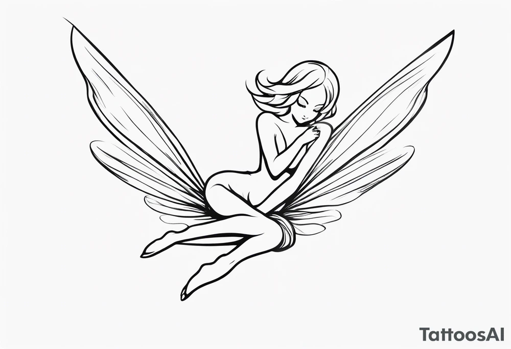 Minimalistic, monochromatic fairy with a tail flying to the left in a fetal position, leaning and looking in the same direction, with visible hands, embodying the 'Fairy Tail' logo aesthetic. tattoo idea