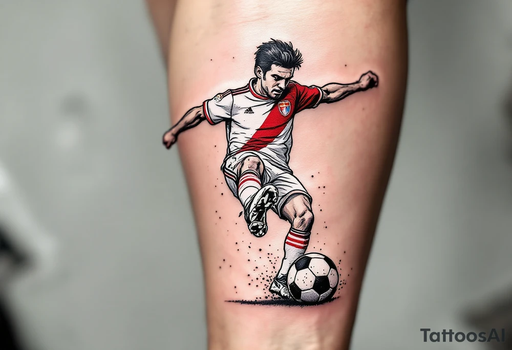 A tattoo of a soccer player mid-kick, wearing Slavia Praha’s white and red jersey, striking a ball with the club crest on it. tattoo idea