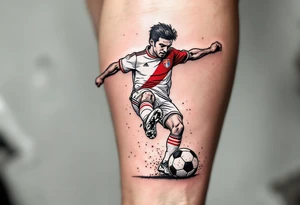A tattoo of a soccer player mid-kick, wearing Slavia Praha’s white and red jersey, striking a ball with the club crest on it. tattoo idea