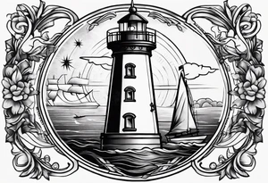 lighthouse shining light and a compass to wrap around forearm tattoo idea