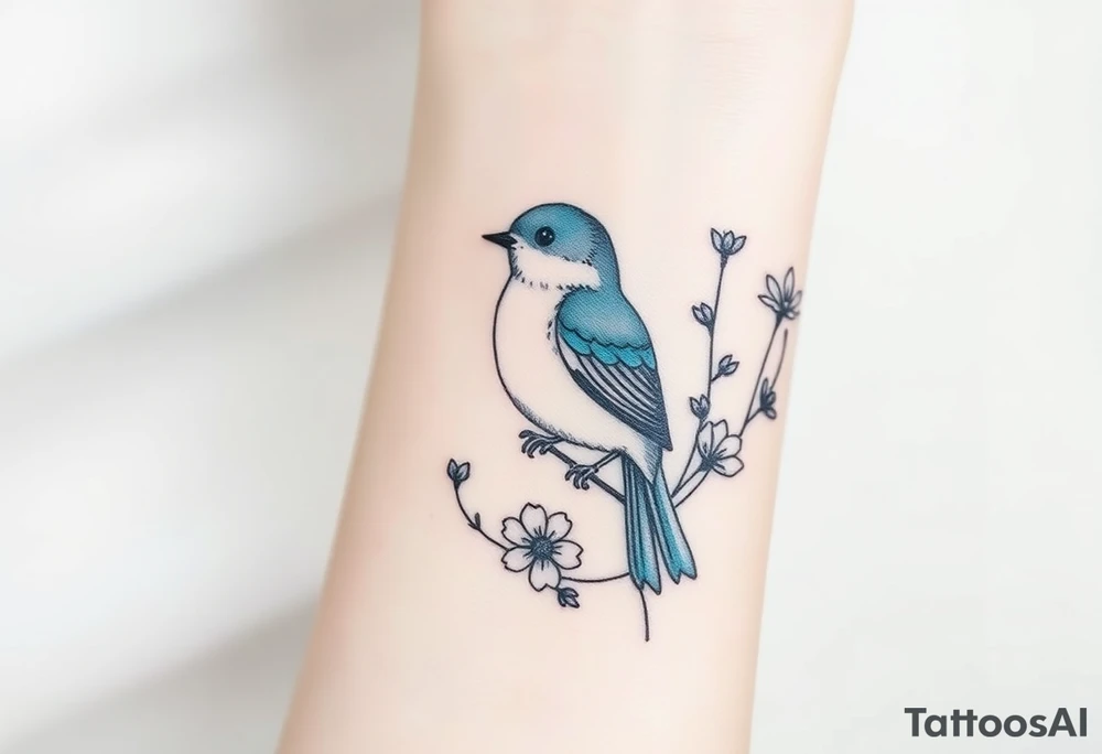 Puffy bluebird surrounded by wild flowers tattoo idea