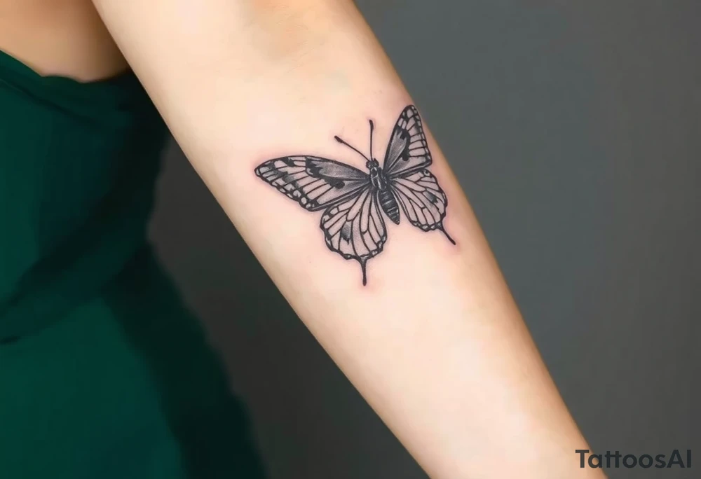 A black lace butterfly with intricately patterned wings, featuring subtle silver highlights tattoo idea