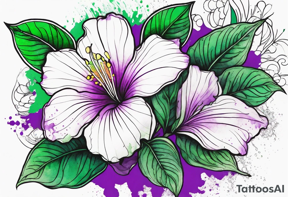 An outline of a rio dipladenia flower with a green and purple watercolor splash in the background tattoo idea