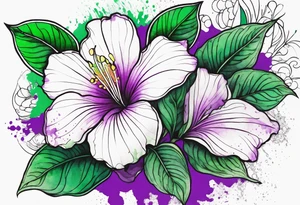 An outline of a rio dipladenia flower with a green and purple watercolor splash in the background tattoo idea