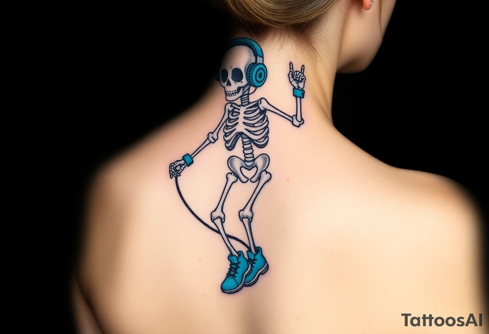 Cute skeleton jumping on a jump rope with blue headphone and blue tennis shoes and blue armbands tattoo idea