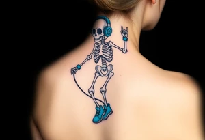 Cute skeleton jumping on a jump rope with blue headphone and blue tennis shoes and blue armbands tattoo idea