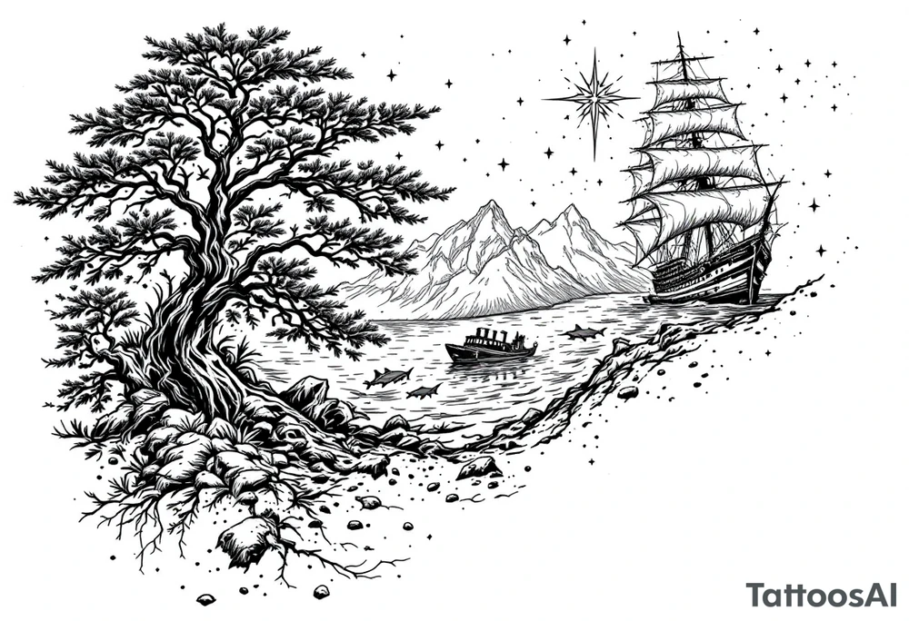 tattoo that has an acacia tree with forest mountains, ocean with a ship wreck with sharks and the bright northern star tattoo idea