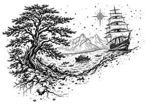 tattoo that has an acacia tree with forest mountains, ocean with a ship wreck with sharks and the bright northern star tattoo idea