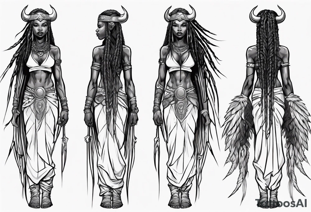 African female Viking warrior full body angelic
slim long face long braided hair descending from heaven tattoo idea
