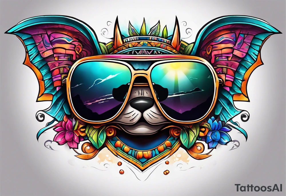 Colorful Mayan hieroglyph wearing sunglasses with bats and water tattoo idea