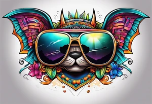 Colorful Mayan hieroglyph wearing sunglasses with bats and water tattoo idea