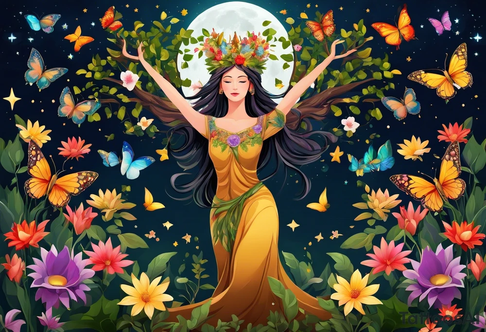 Beautiful woman made of tree, branches, and leaves surrounded by flowers. She is wearing a crown made of butterflies and has a pond and lilies near her feet with colorful vegetation. She is holding her arms upright and has her hands cupped above her head. Above her hands she has the moon, stars, and sun. The moon, stars, and sun have a flower accent. tattoo idea
