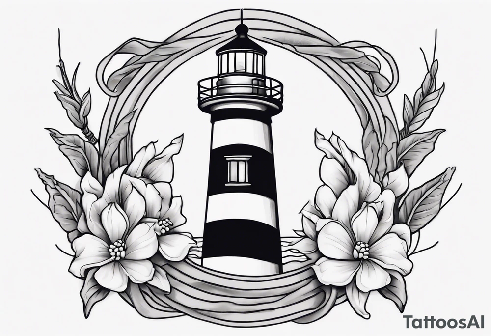 American traditional tattoo of a light house bordered by magnolia flowers and rope. Behind the light house is a periwinkle blue cancer ribbon tattoo idea