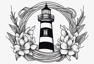 American traditional tattoo of a light house bordered by magnolia flowers and rope. Behind the light house is a periwinkle blue cancer ribbon tattoo idea