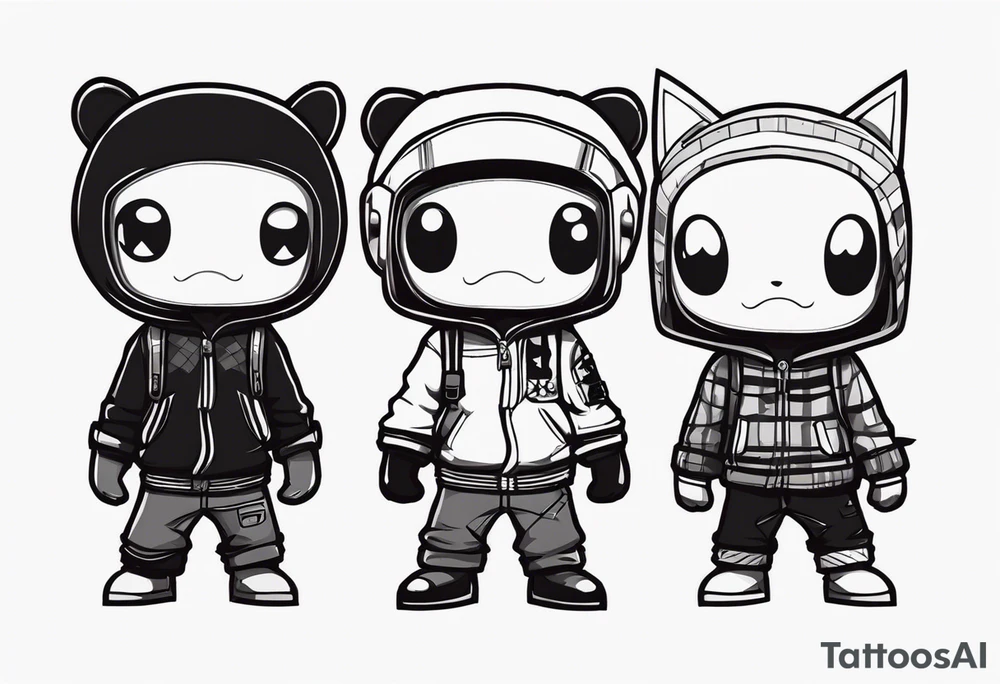 Three casual sackboys from "litten big planet" in a row, full Black filled, different poses tattoo idea