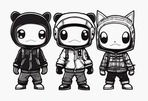 Three casual sackboys from "litten big planet" in a row, full Black filled, different poses tattoo idea