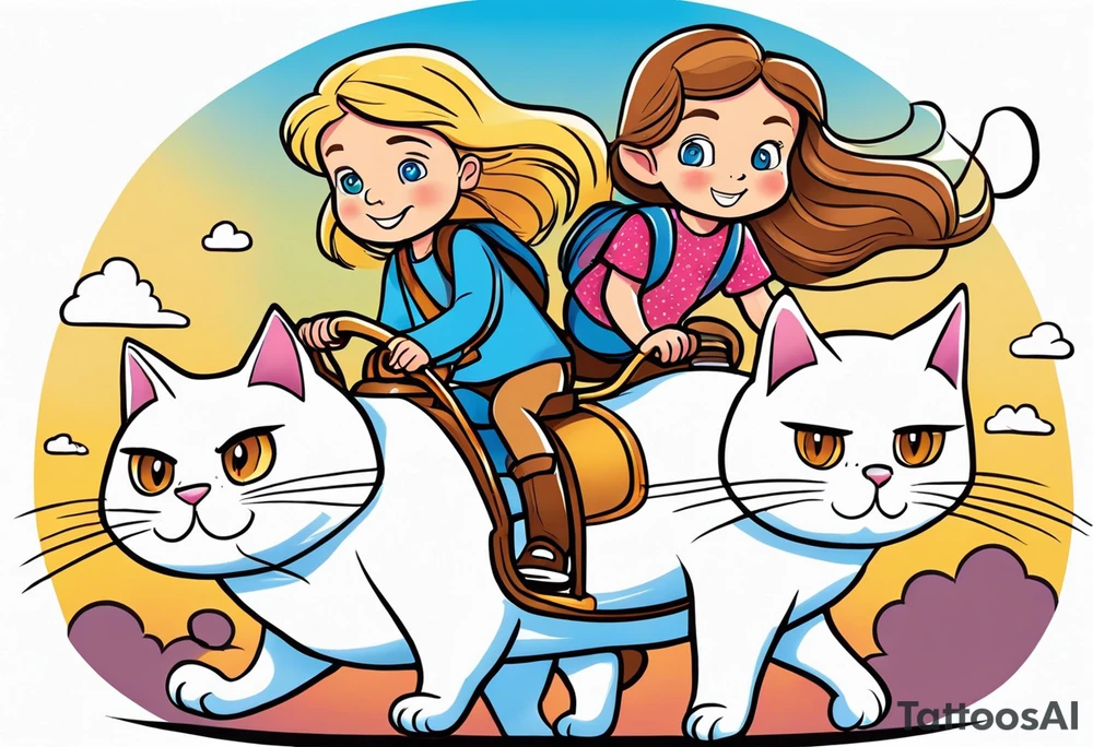 a thin blond boy with long hair and blue eyes of about 10 years old accompanied by two six-year-old twins girls, one a little chubby, with brown hair down to her shoulders, the three of them riding on a giant white cat tattoo idea