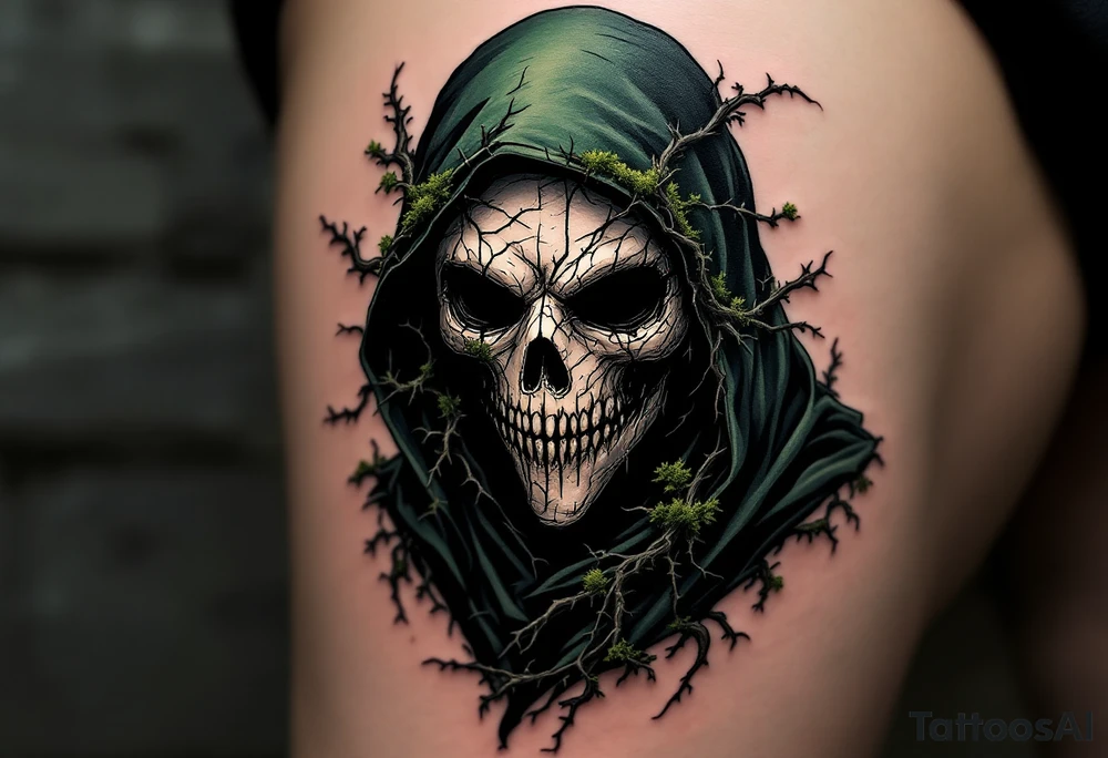 Plague Doctor with Thorned Vines – A mysterious plague doctor with tipical mask cloaked in dark green and black, with thorny vines creeping over the robe and mask, symbolizing death and rebirth. The mask is cracked, with moss growing in its crevices. tattoo idea
