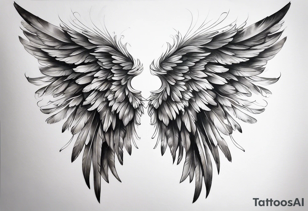 Realistic angel wings extending from the shoulders, covering the upper arms and upper back. The feathers are intricately detailed, with soft shading in black and gray to create depth and texture. The wings gently converge in the middle of the back, forming a harmonious and cohesive design. tattoo idea