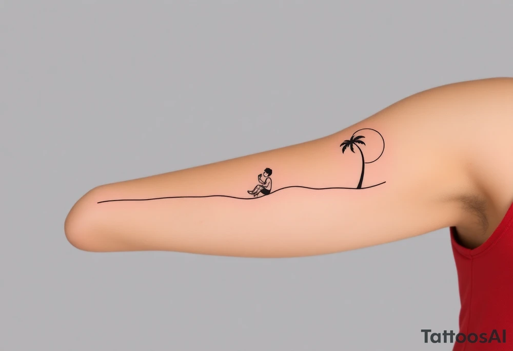 Create a minimalist tattoo design that wraps around the upper right arm, just below the armpit and above an existing blackwork sleeve.

Design Flow:

The tattoo is connected by a thin, continuous line that wraps around the arm.

On the outer/front arm, place a small, minimal walking figure on the line, moving forward. The line should have a gentle wave under his steps to create movement.

The line continues to the inner arm, where a boy is sitting on the line (with his back to the viewer, legs dangling below the line).

To the right of the boy, place a slightly leaning palm tree growing from the line.

Behind or beside the tree, include a minimal sun, low on the horizon (simple circle or half-sun).

In the space above, softly scatter minimalist stars, mostly dots, with 2–3 sparkles or tiny diamond shapes.

Style Notes:

Keep everything in fine line / minimalist style, no heavy shading

Design should feel light, dreamy, and reflective — symbolizing balance between stillness and motion

Line should echo the flow of the existing tribal/blackwork arm band below, but not mimic or clash with it

The boy should sit directly under the palm and with the back to the viewer and the feet hanging from the line. can you make the boy closer to the palm and with the back to the viewer? tattoo idea