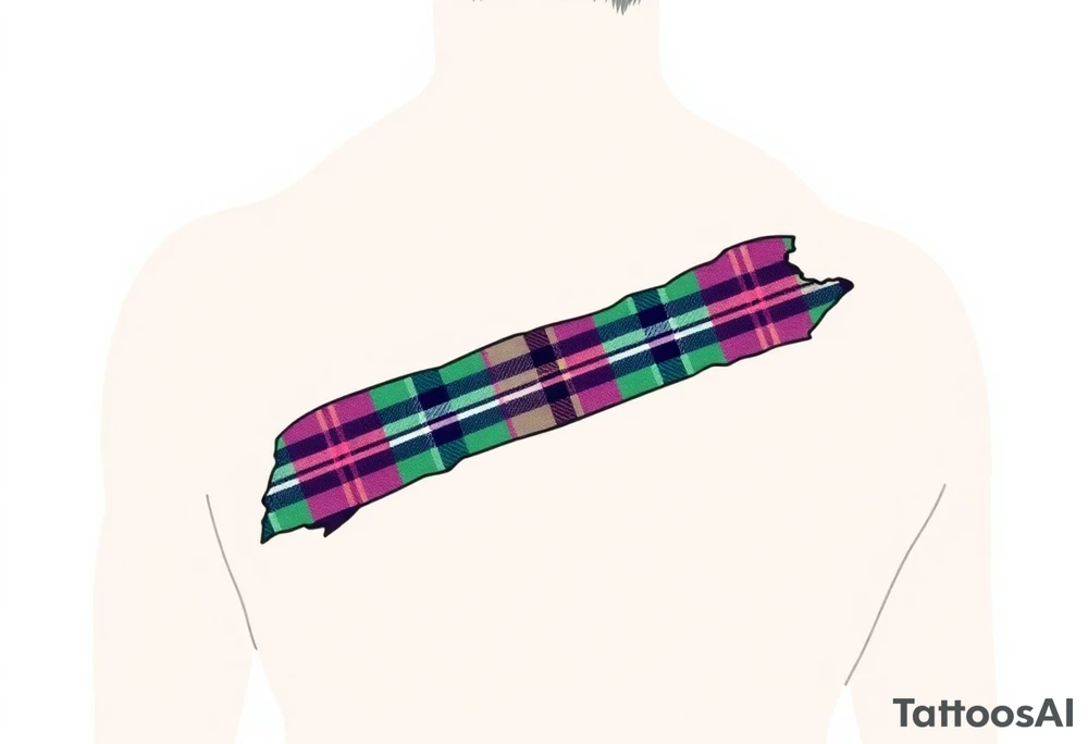 arm Dark Purple with green pink blue and white highlights tartan fabric with flesh peeling away at edges tattoo idea