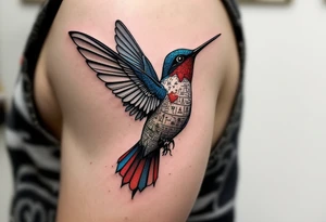 A hummingbird made of sand and hieroglyphs(only red, blue and black are possible colors) tattoo idea