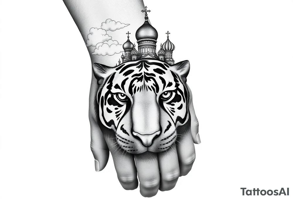 Realistic tiger face on the back of the hand with strong contrast and fine detail with all black eyes. then a highly detailed Russian Orthodox cathedral sitting above on the top fore arm with onion domes and orthodox crosses, done in fine line, engraving-like style. Cohesive composition, black ink only, no color, high contrast, slightly aged, documentary-style, plain light background. with clouds above and a virgin mary tattoo idea