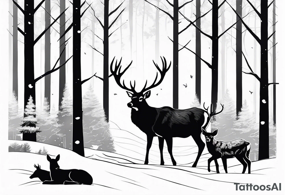 a large majestic male with large antlers, a graceful female and a small fawn. In the background, majestic trees, such as spruce and birch, tattoo idea