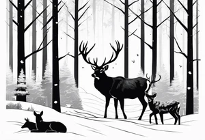 a large majestic male with large antlers, a graceful female and a small fawn. In the background, majestic trees, such as spruce and birch, tattoo idea