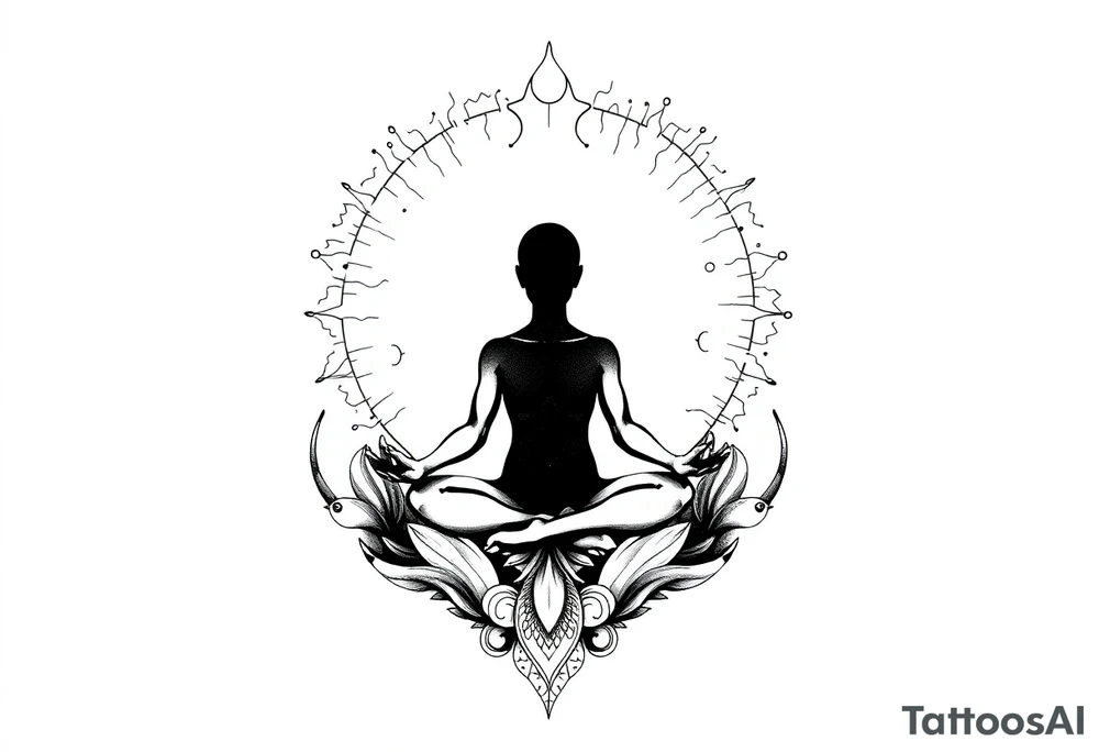 a figure - just a shadow /outline sitting in lotus position meditating based on the lyrics “doing time in the universal mind” by the doors - with a psychedelic trippy background as the meditation expands out from his head into the universe / cosmos tattoo idea