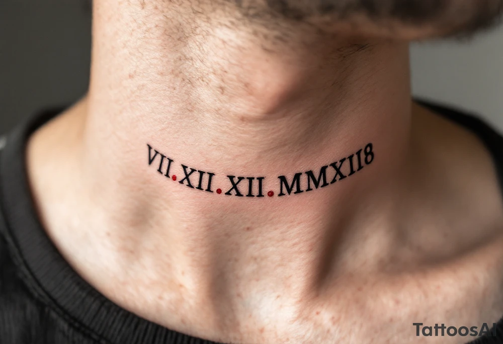 VIII.XII.MMXVIII in thick black font circling the neck like a collar, with small ruby red dots separating the numerals. tattoo idea