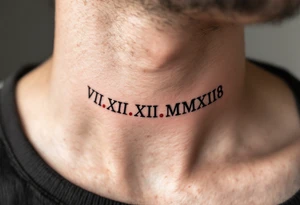 VIII.XII.MMXVIII in thick black font circling the neck like a collar, with small ruby red dots separating the numerals. tattoo idea