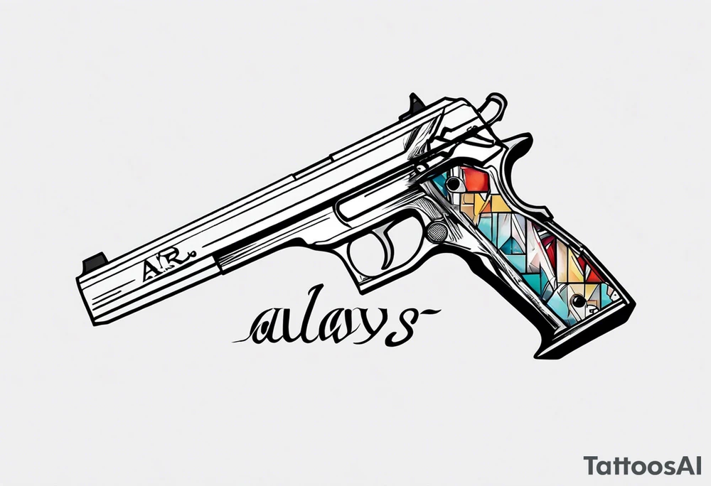 The letters AR with a pistol on each side and the word always on the top and ready on the bottom tattoo idea