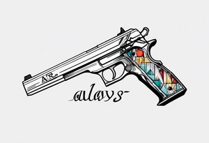 The letters AR with a pistol on each side and the word always on the top and ready on the bottom tattoo idea